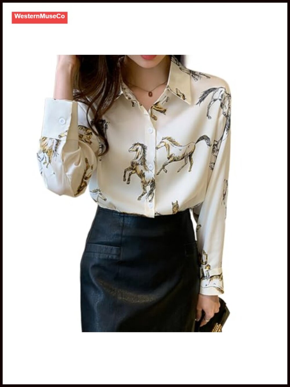 Women's Long Sleeve Button Down Horse Print Blouse Casual Western Top